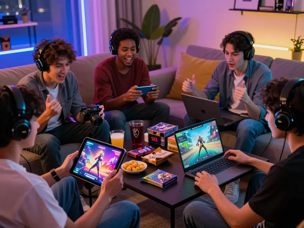 Players enjoying interactive xxx games on devices in a vibrant gaming space.