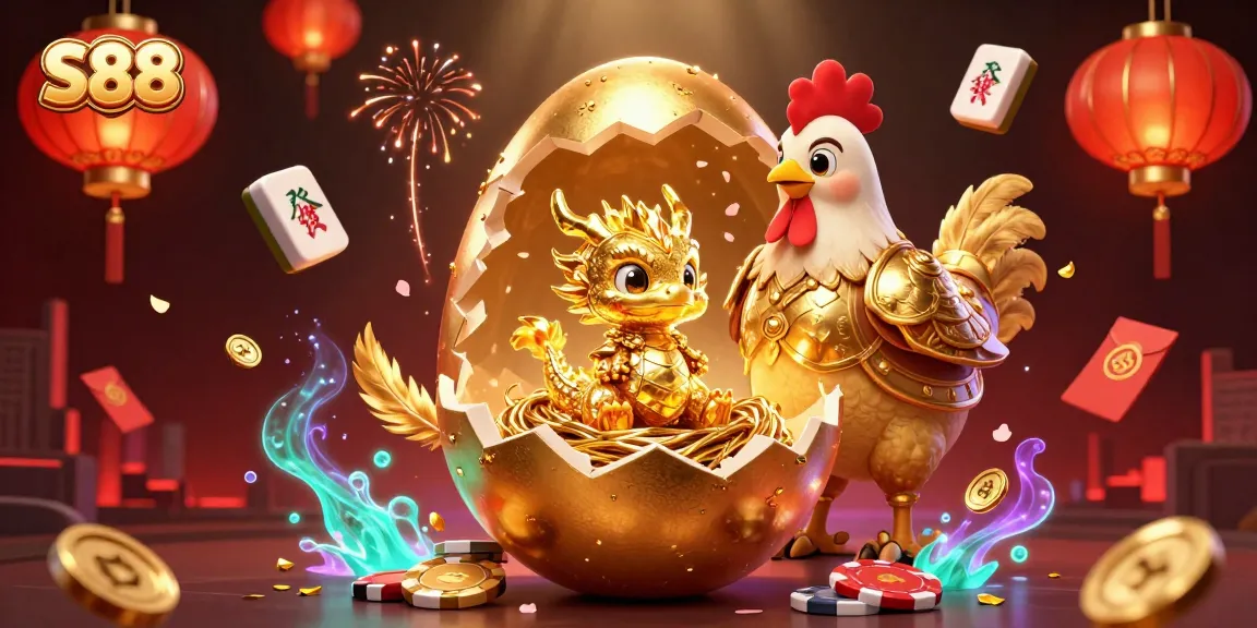 Experience casino excitement with S88, featuring a golden dragon on poker chips and festive gaming elements.