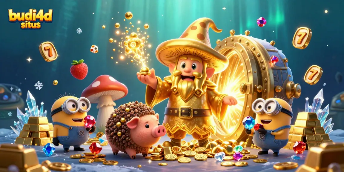 Engage with the captivating budi4d situs featuring a vibrant illustration of golden characters and treasure.