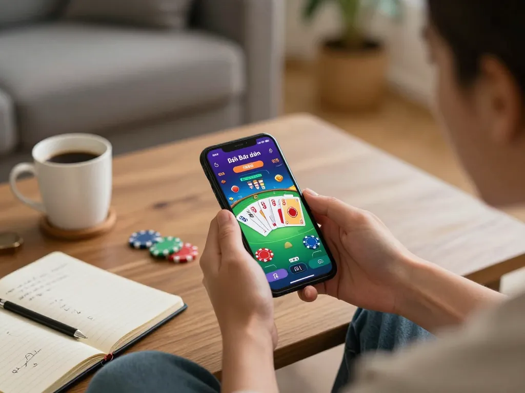 Engaging in game đánh bài đổi thưởng on mobile, vibrant cards and chips displayed in cozy gaming setup