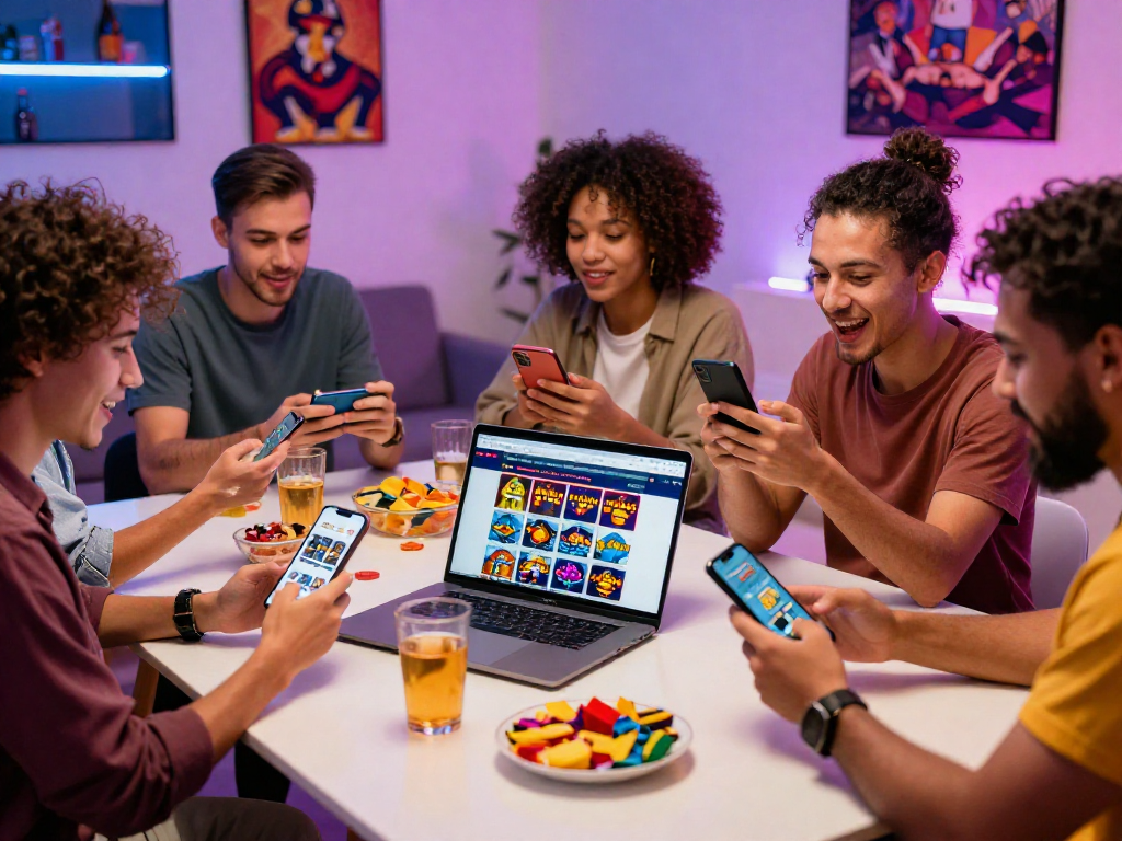 Un gruppo di amici esplora dei siti non AAMS durante una serata di gioco, con smartphone e laptop sul tavolo.