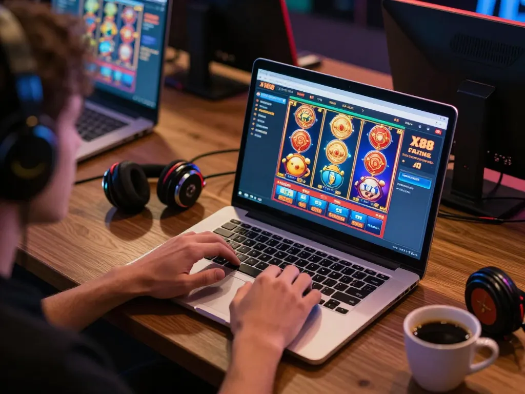 Engaged player using XX88 gaming platform on a laptop, showcasing online gambling excitement
