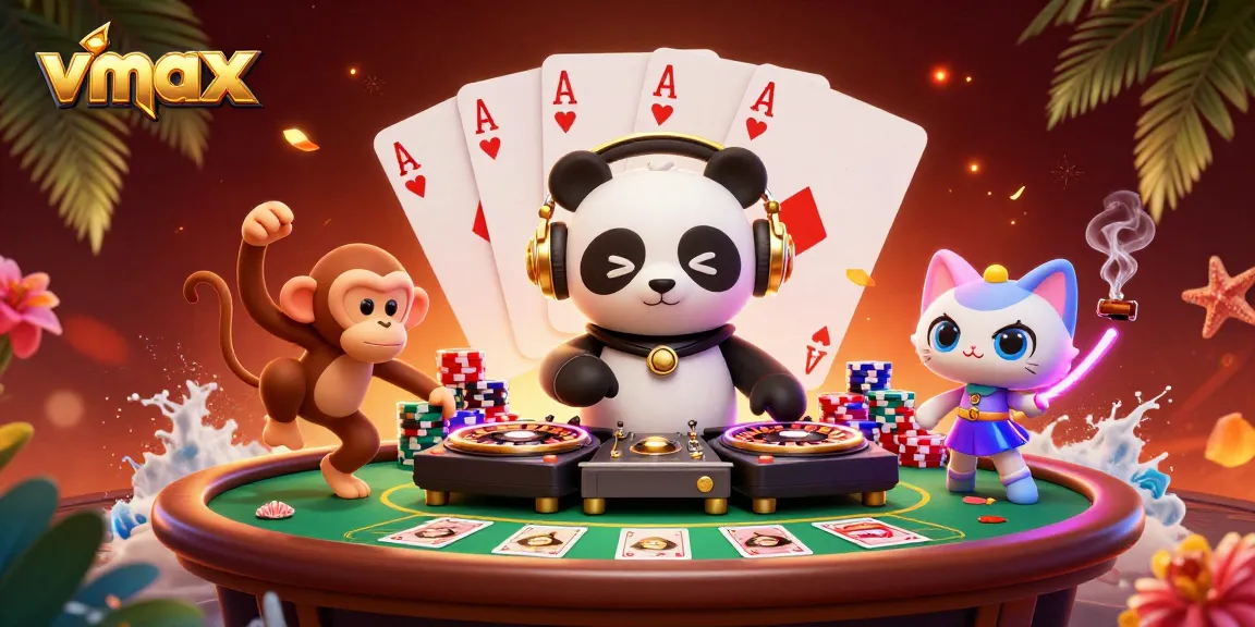 Watch vmax's thrilling online gaming scene with vibrant characters and colorful poker elements