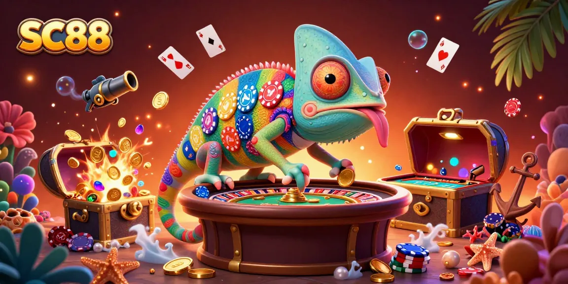 Experience the thrill of SC88 with a vibrant chameleon casino owner capturing golden coins amid exciting games.
