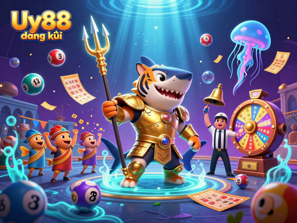 Play and win with Uy88 đăng ký in an engaging lottery-themed underwater scene full of excitement.
