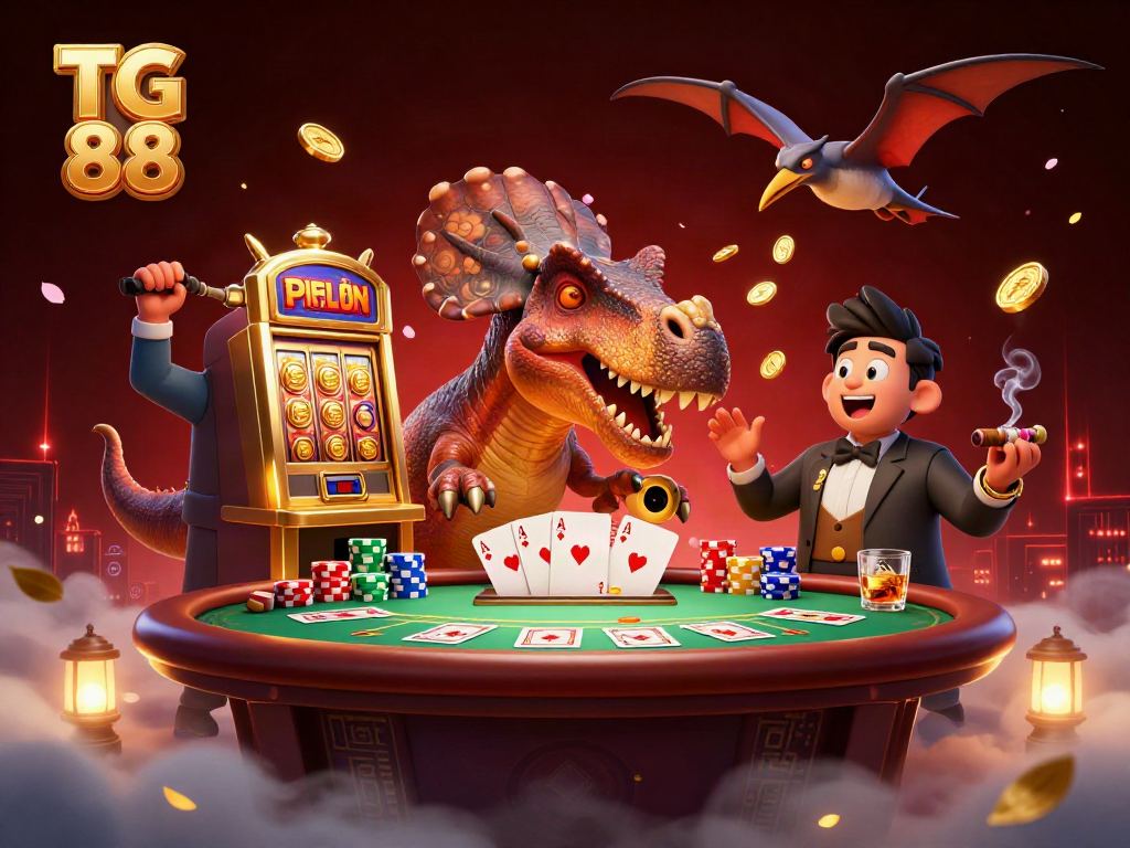 Catch the excitement at TG 88 with a dinosaur-themed casino illustration showcasing thrilling gameplay and jackpot moments.