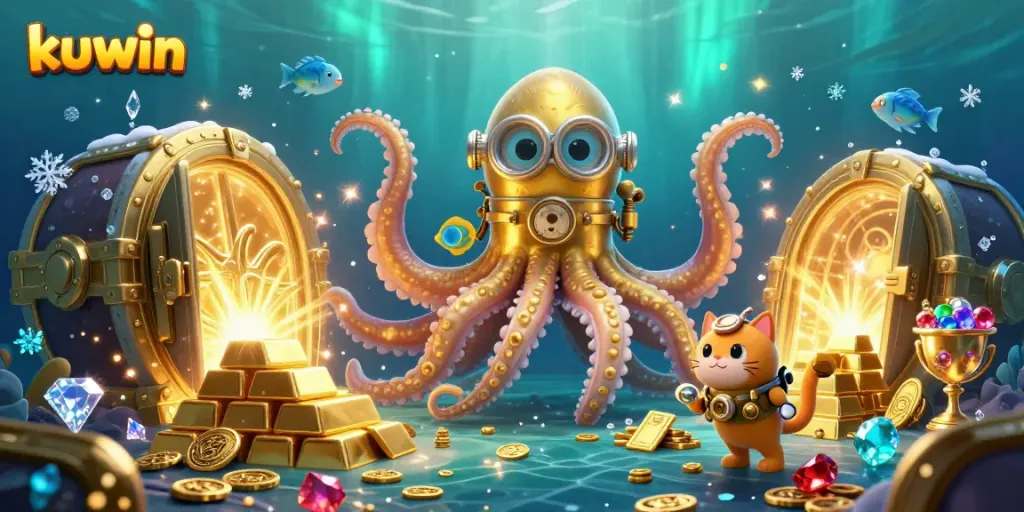 Experience the thrill of kuwin gaming with a colossal kraken and diving cat amidst treasure in a vibrant underwater world.