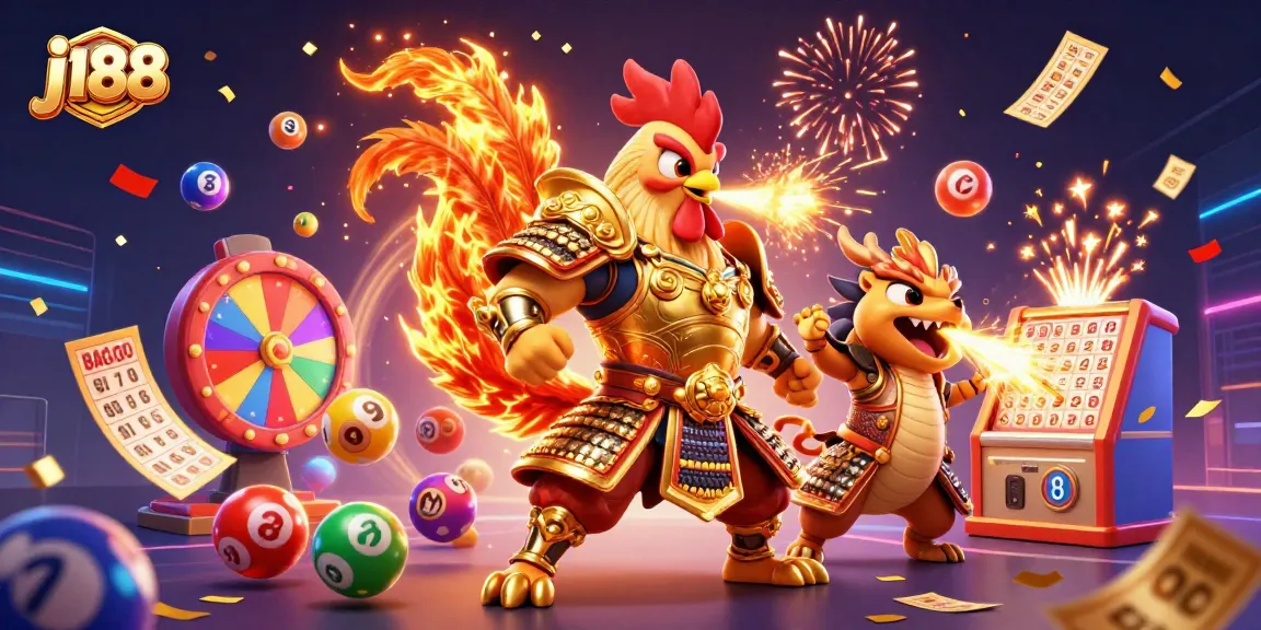 Engage with j188's vibrant lottery scene featuring a golden warrior and magical elements.