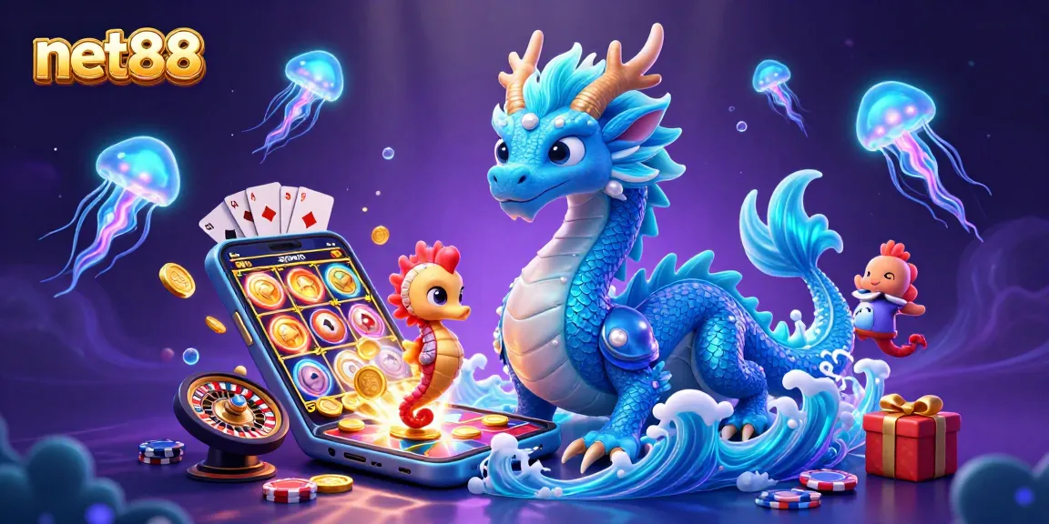 Net88 features an azure water dragon and a seahorse knight amidst vibrant casino elements.