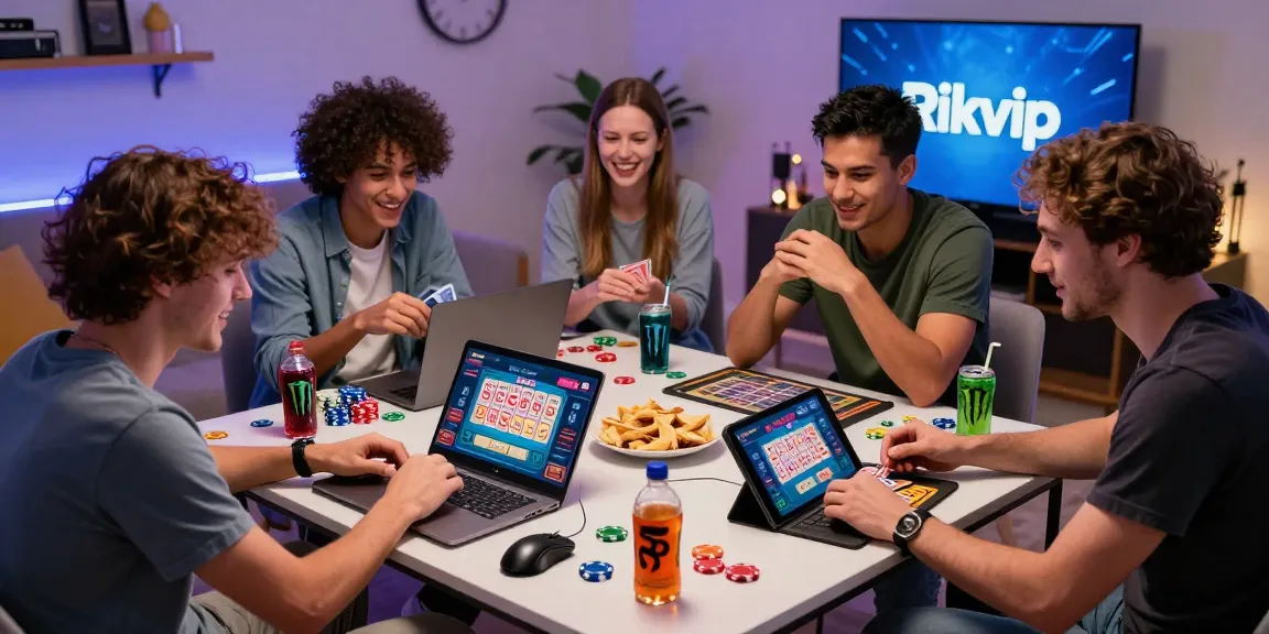 Friends enjoying Rikvip online gaming experience together, playing card games with lively expressions and gaming accessories.