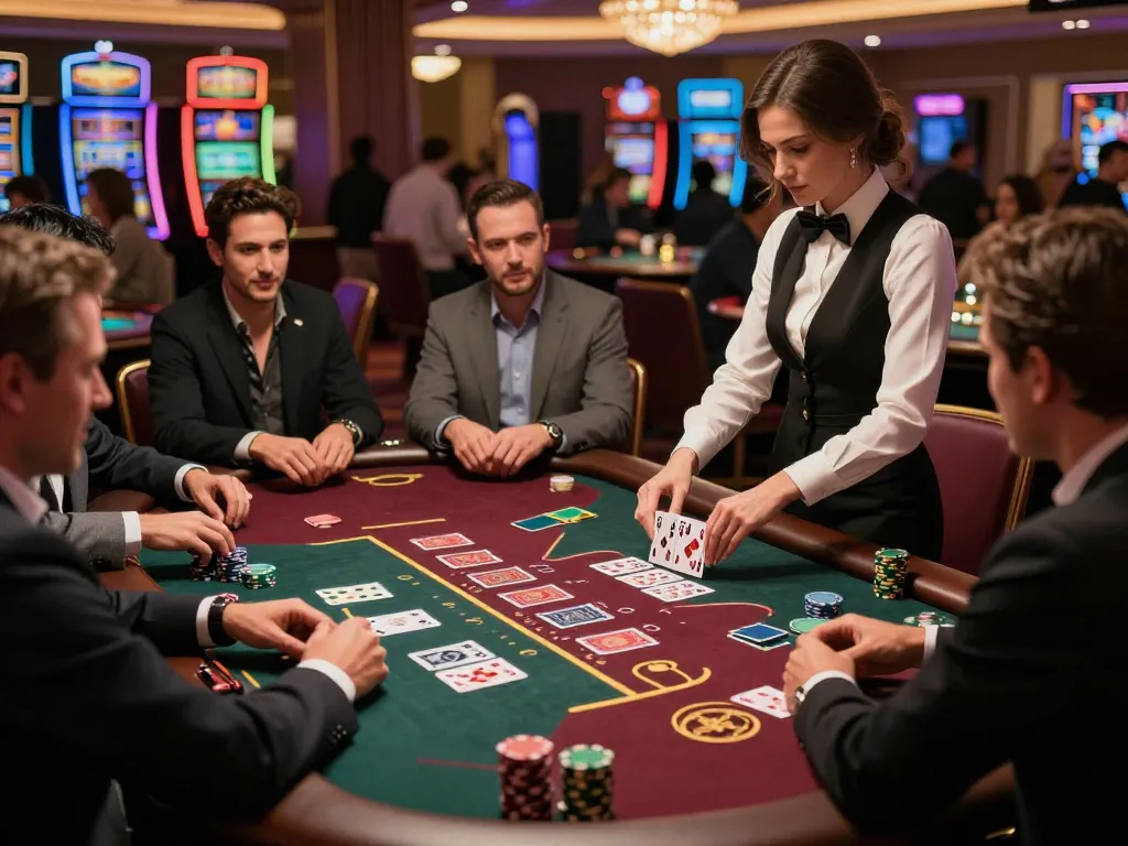 Experience strategic gameplay at RR88 blackjack tables, showcasing players and dealer in action.