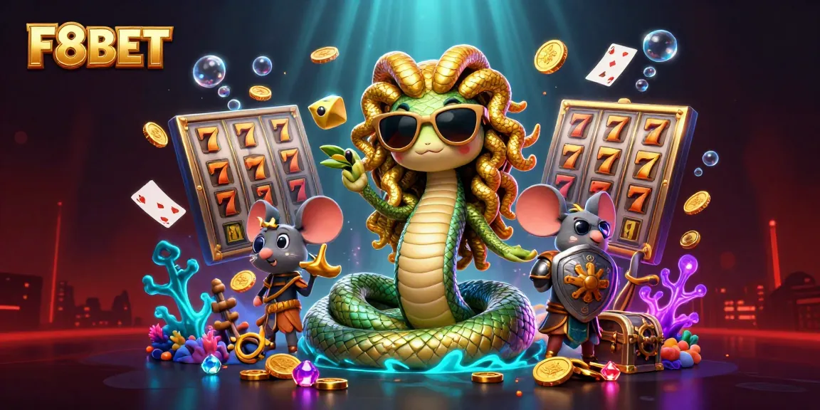 Experience F8BET casino thrills with Medusa, a warrior mouse, and winning symbols in a vibrant 3D scene.