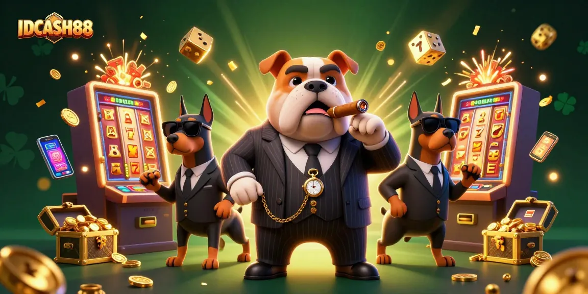 Experience the excitement of IDCASH88 with vibrant 3D casino illustration depicting a mafia boss and casino games.