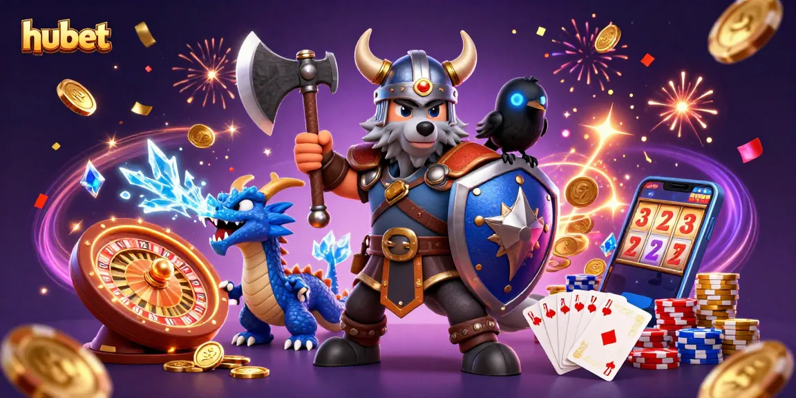 Engage with hubet through a vibrant gaming scene featuring a Viking warrior, dragon, and fortune elements.