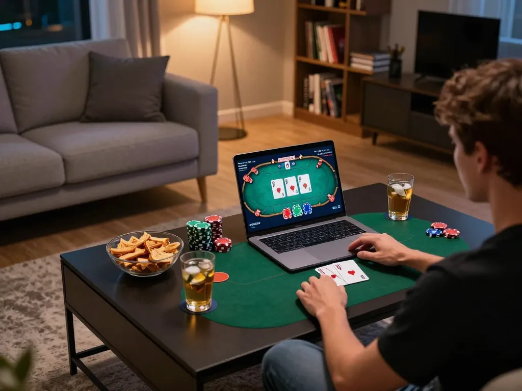 Person engaging with online poker game on laptop, showcasing ee88go gaming experience.