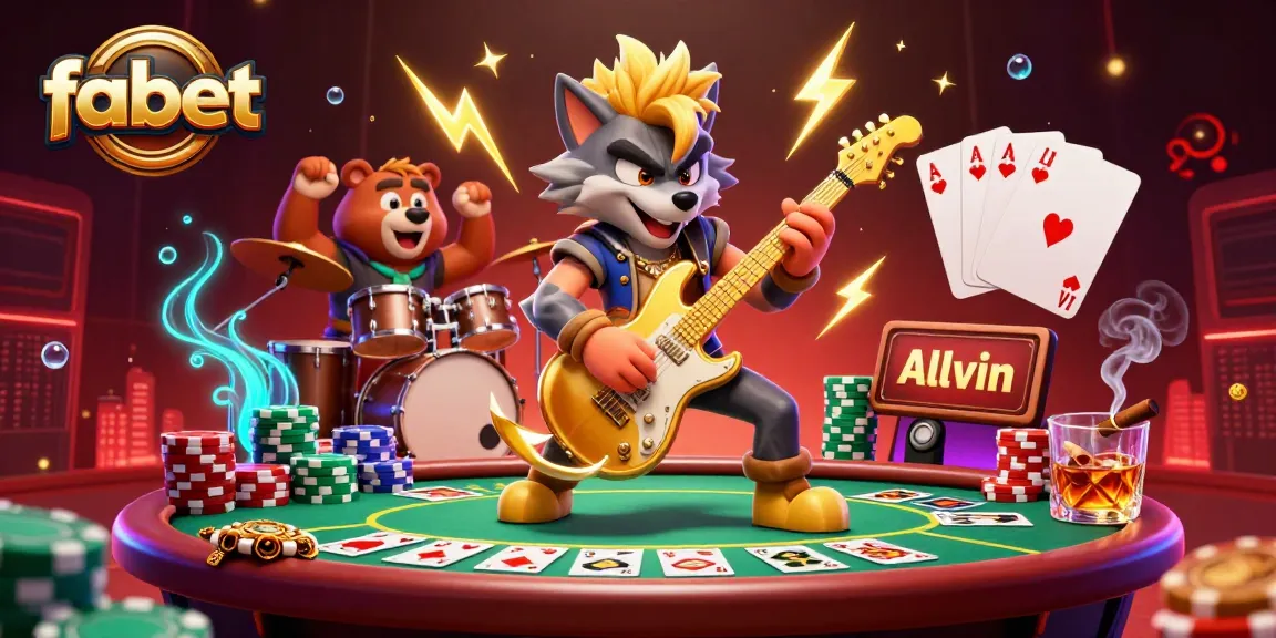 Fabet showcases a vibrant casino scene with a rock star wolf and poker elements, creating a dynamic atmosphere.
