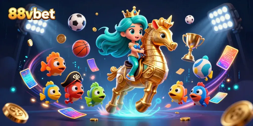 Experience the excitement of 88vbet with vibrant characters in a dynamic casino-themed scene.