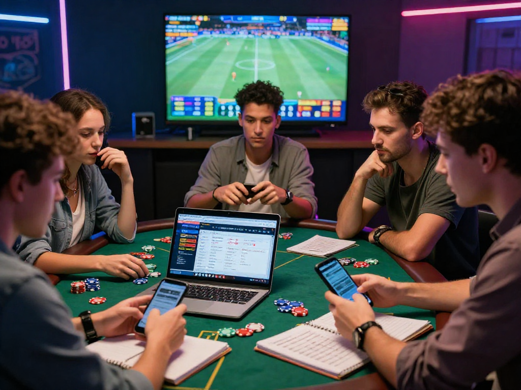 Gruppo di amici discute strategie sui siti non AAMS in un vivace gioco.