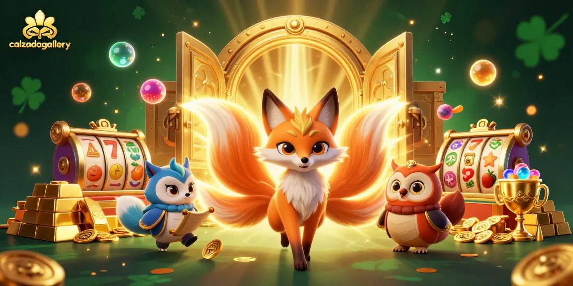 Join the excitement at calzadagallery as the nine-tailed fox and owl sage celebrate big wins amidst colorful slot reels and treasures.