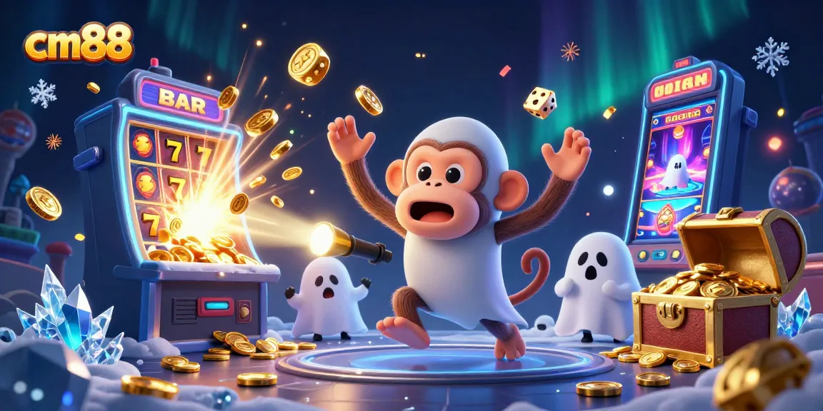 Explore the exciting world of cm88 with a ghost-hunter puppy tracking a mischievous monkey in a vibrant casino.