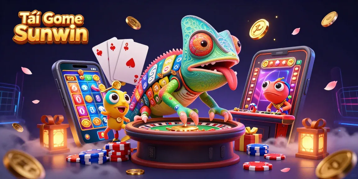 Tải game Sunwin with a colorful and dynamic 3D casino scene featuring a chameleon casino owner and various gambling elements.