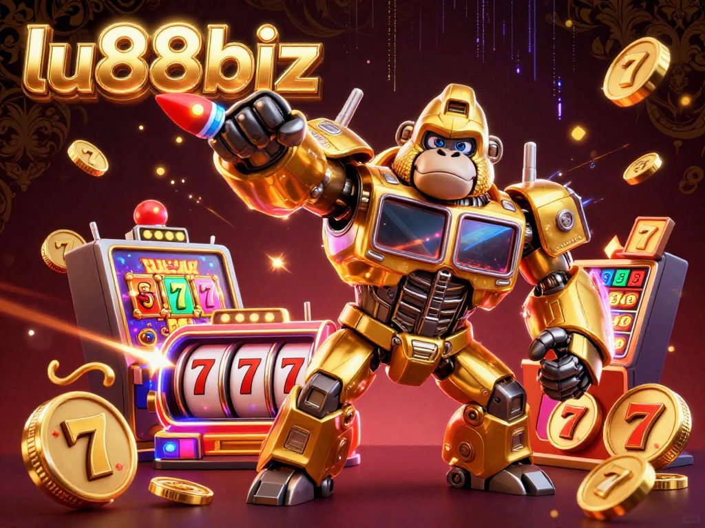 Engage in thrilling gameplay with lu88biz, featuring a vibrant slot machine-themed 3D scene.