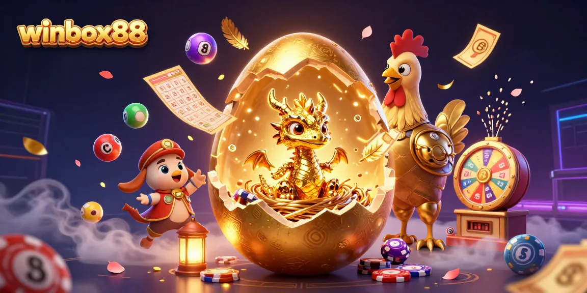 Winbox88 showcases a golden dragon in a dynamic casino scene filled with colorful lottery elements.