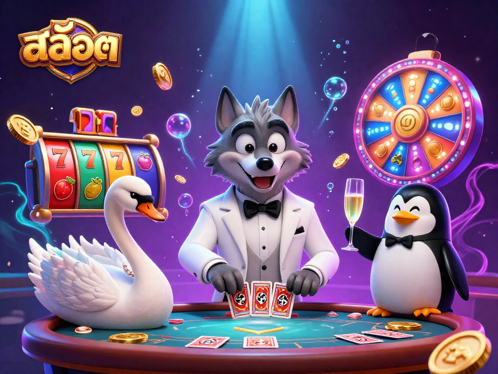 Experience thrilling สล็อต games with exciting reels and vibrant characters in a casino scene.