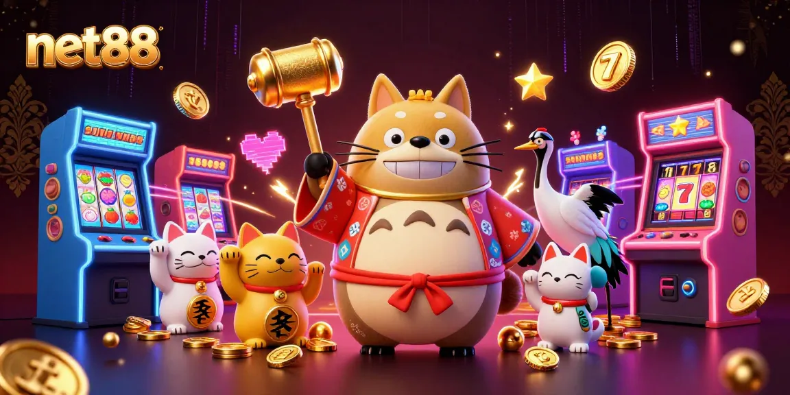 Engage with net88's vibrant casino aesthetics featuring lucky tanuki and colorful slot symbols.