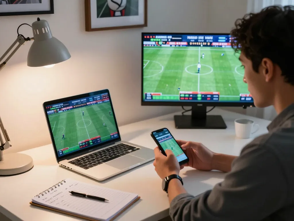 Engaged sports bettor analyzing odds and placing bets using keonhacai app in a modern home office.