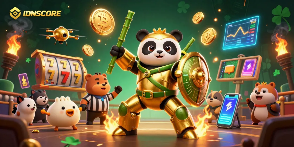 IDNSCORE showcases a dynamic casino scene featuring a mech-suit panda and slot reels intermingled with crypto elements.
