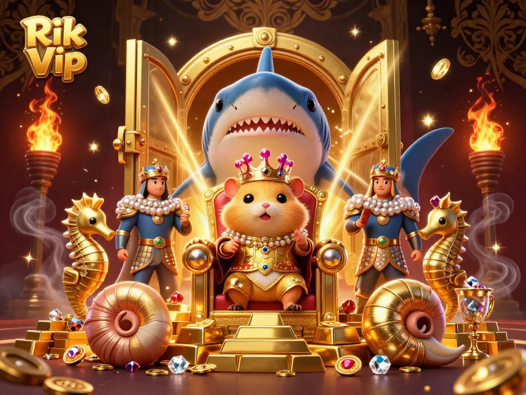 Engage in exciting gameplay with Rik Vip amidst a golden treasure-filled setting, showcasing vibrant casino elements.
