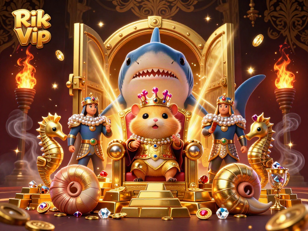 Engage in exciting gameplay with Rik Vip amidst a golden treasure-filled setting, showcasing vibrant casino elements.