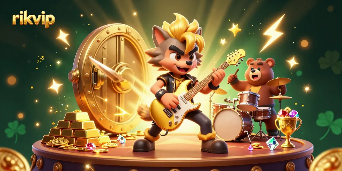 Engage in epic wins with rikvip as a rock star wolf shreds on stage with dazzling casino treasures!