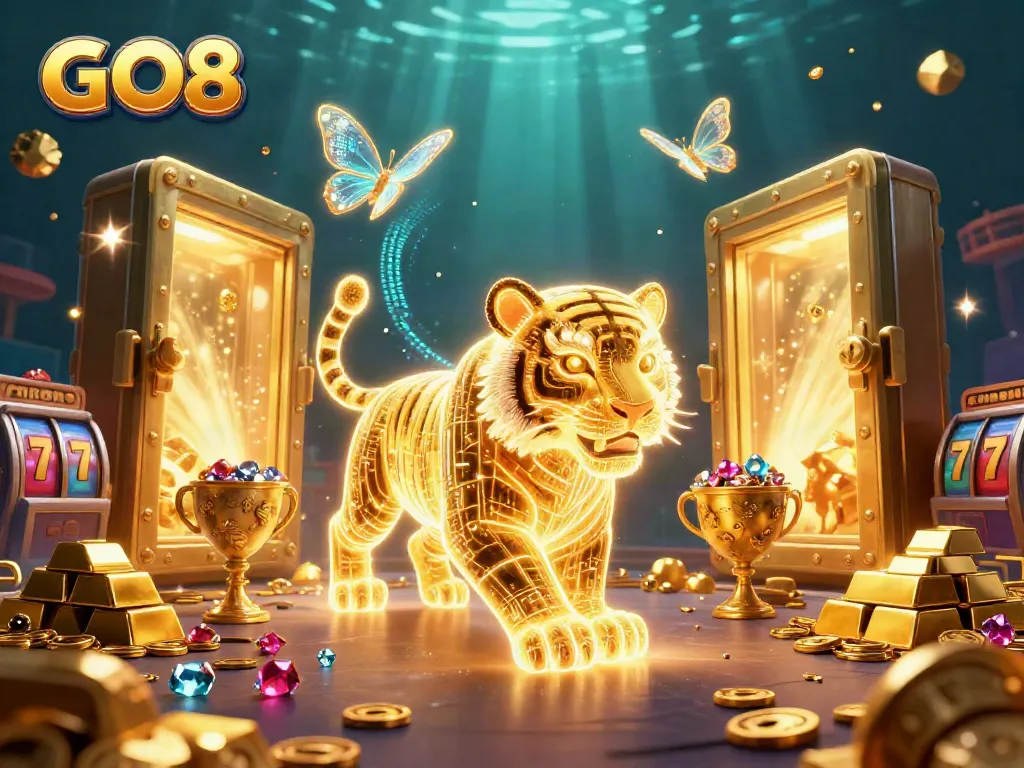 Engage in thrilling gameplay with GO8, featuring neon-wireframe tiger amidst casino treasures.