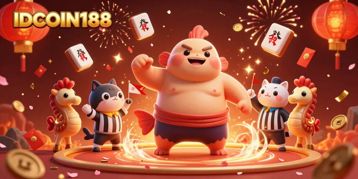 Engage with IDCOIN188's vibrant casino scene featuring a blowfish, catfish referee, and festive elements.