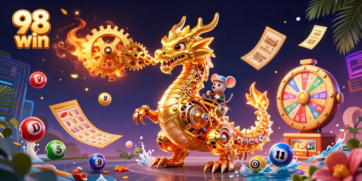 Engage with 98 win in a vibrant 3D illustration capturing casino excitement and lottery thrills.
