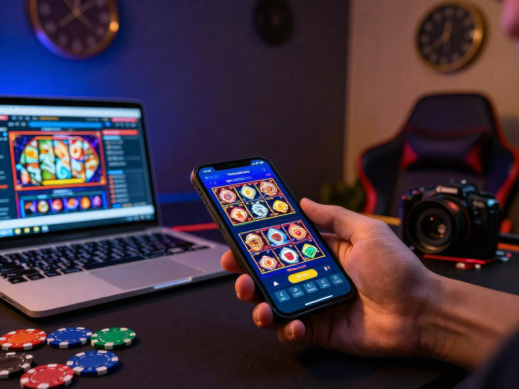 Giocatore di siti non AAMS che esplora app di casinò online con smartphone e laptop.