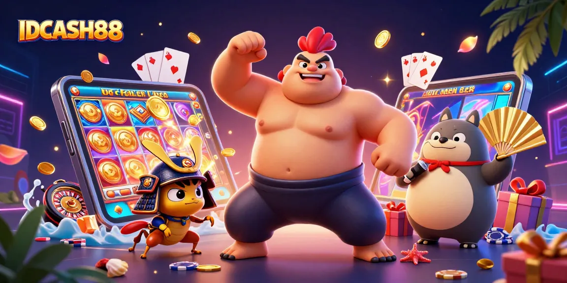 Experience the excitement of IDCASH88 with vibrant slots and gaming features in this dynamic illustration.