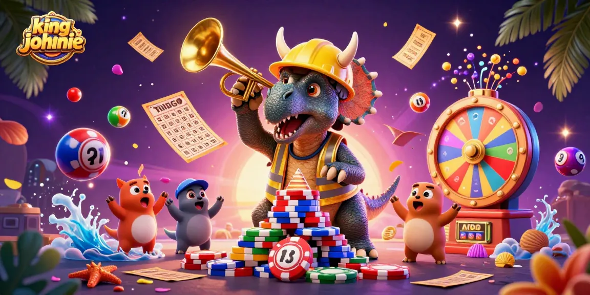 Experience kingjohnnie's vibrant casino world with triceratops and winning elements.