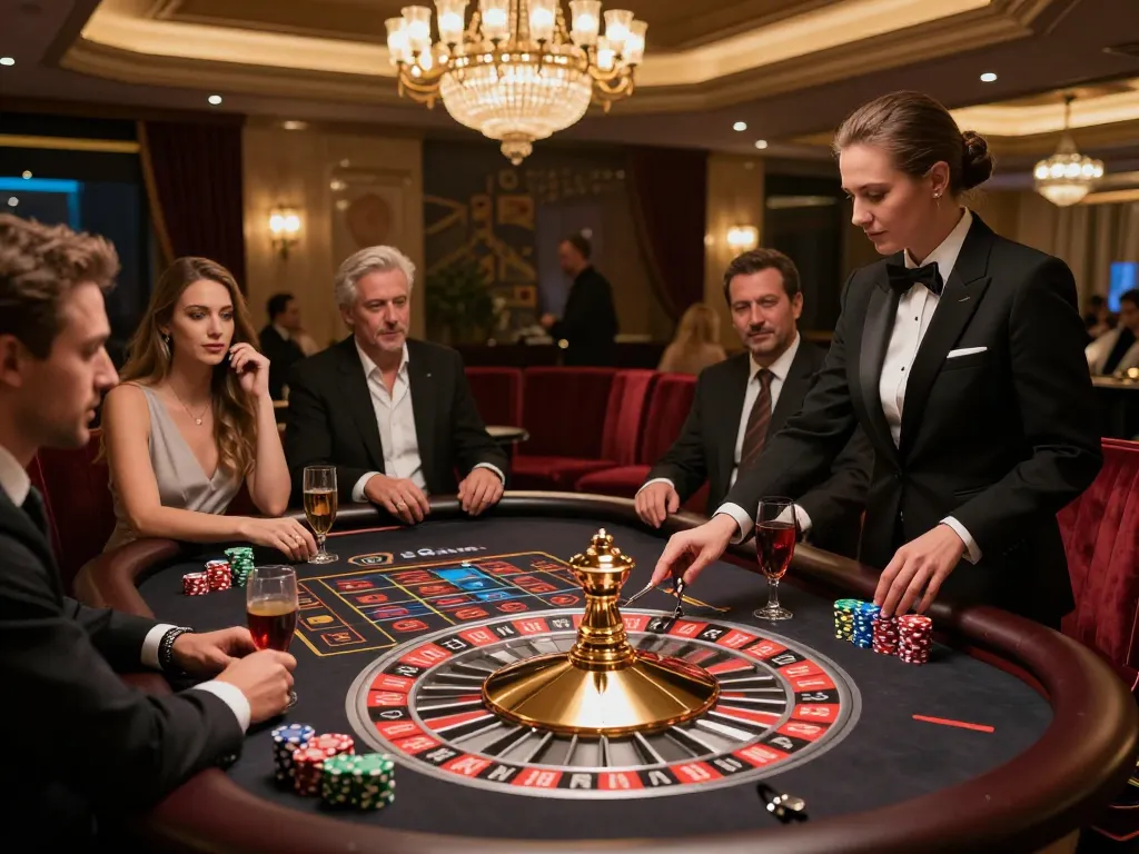 Players engaging at the roulette table in a vibrant net88 casino, showcasing excitement and luxury.