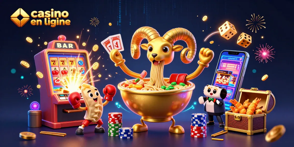 Visuel captivant de casino en ligne avec un bol de ramen en or et des personnages ludiques.