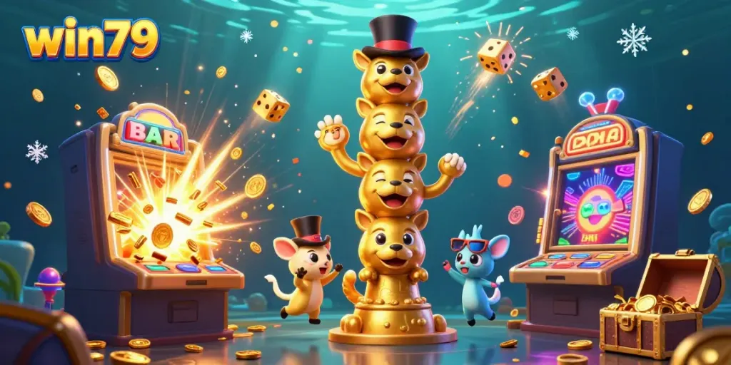 Experience the excitement of win79 with a vibrant 3D casino scene full of animated characters and dynamic slot machine action.
