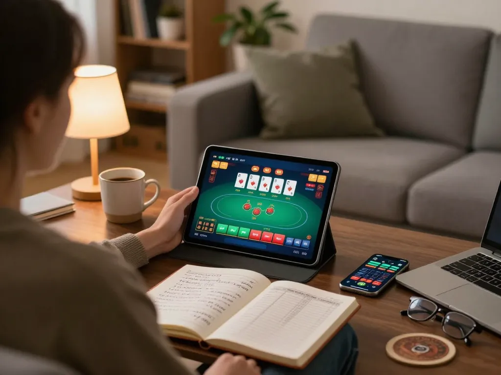 Engaging in online casino gaming with keonhacaii on a tablet, showcasing strategy notes and a cozy living room.