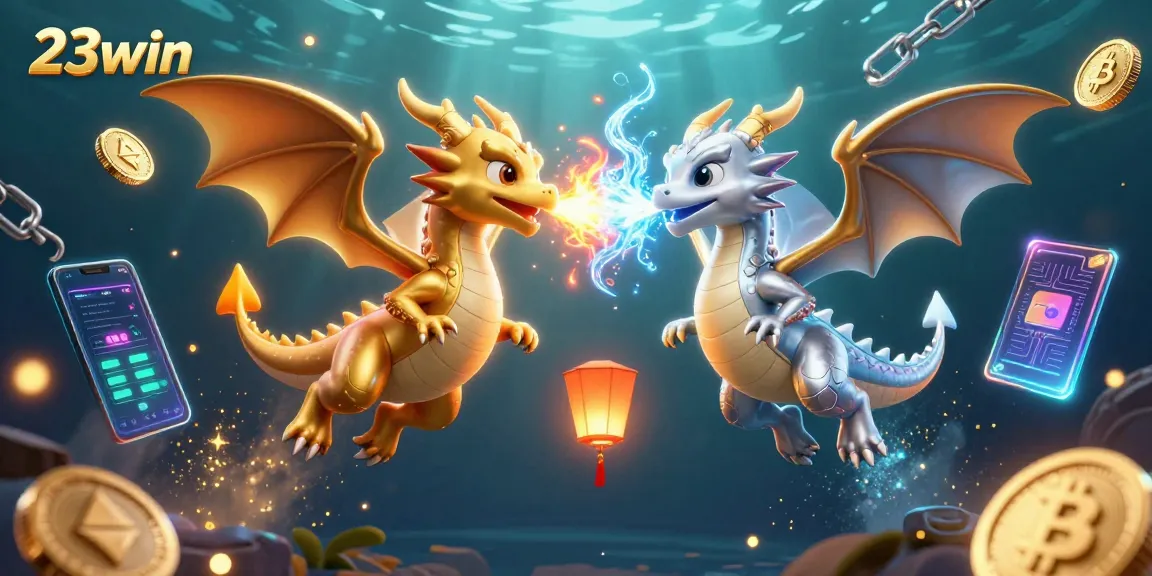 Engage with the vibrant world of 23win, featuring dynamic dragons and crypto elements in an exciting gambling atmosphere.