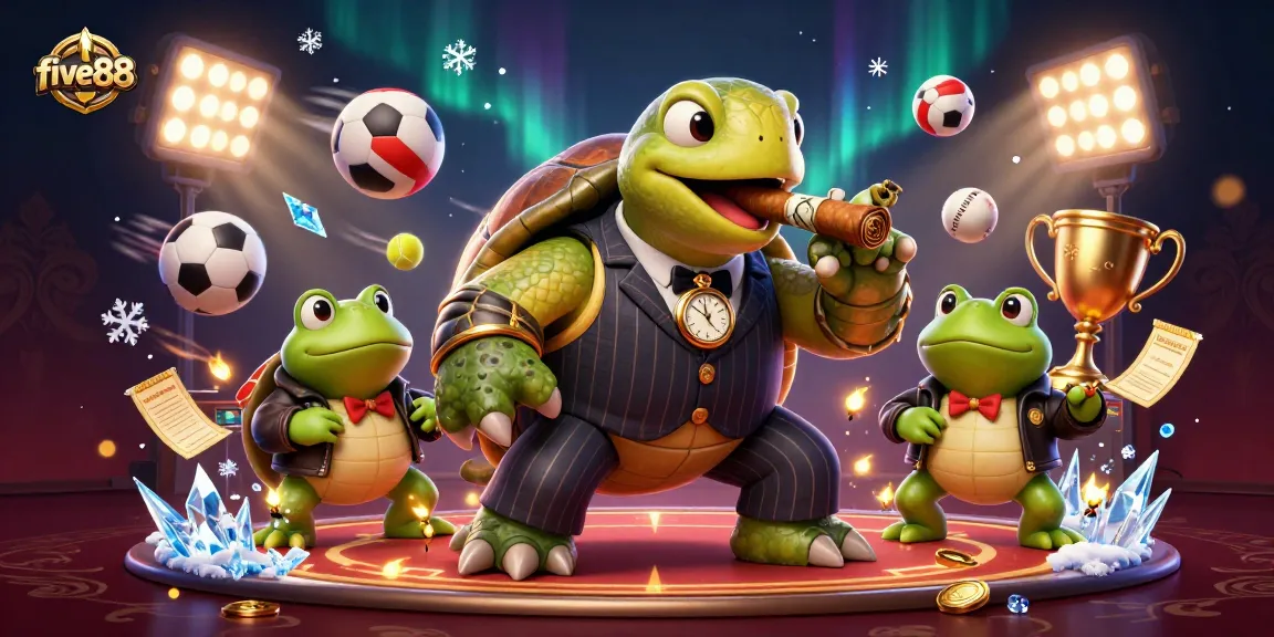 Engage in exciting gameplay with five88, featuring a vintage mobster turtle and bullfrog enforcers in a casino setting.