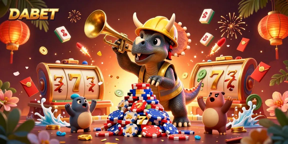 DABET casino scene with a triceratops building poker chip pyramid amid slot reels and festive decorations