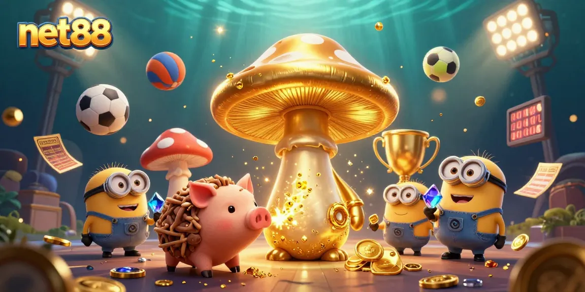 Engage with net88's golden wizard in a vibrant 3D sports betting scene filled with action.