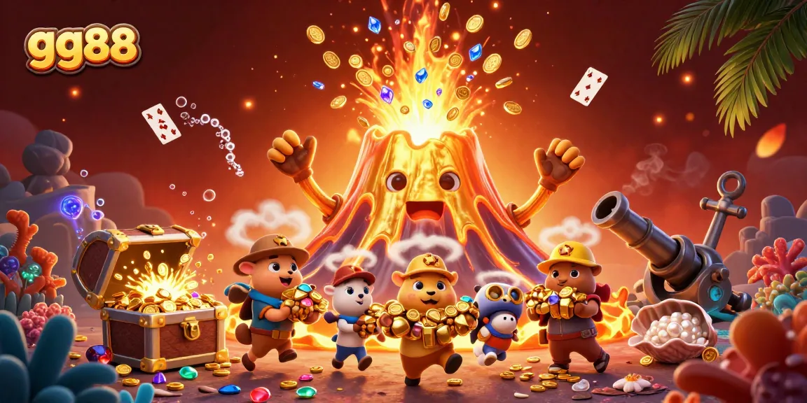 Experience the excitement of gg88 with a triumphant volcano erupting coins, gems, and treasure amidst a vivid casino scene.
