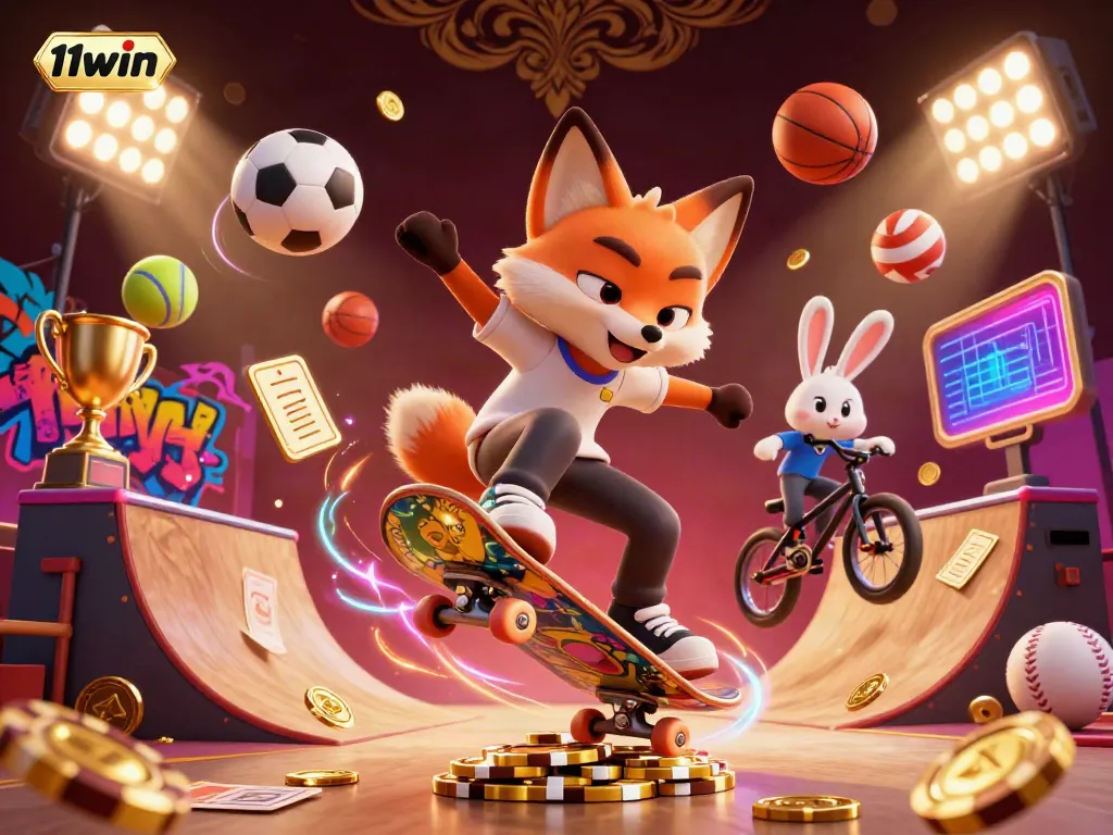Experience the excitement of 11win with vibrant characters and casino elements in a dynamic sport and gaming scene.